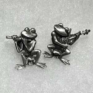 2 - "JJ" Jonette Jewelry Frog Playing Musical Instrument Pewter Lapel Brooch Pin
